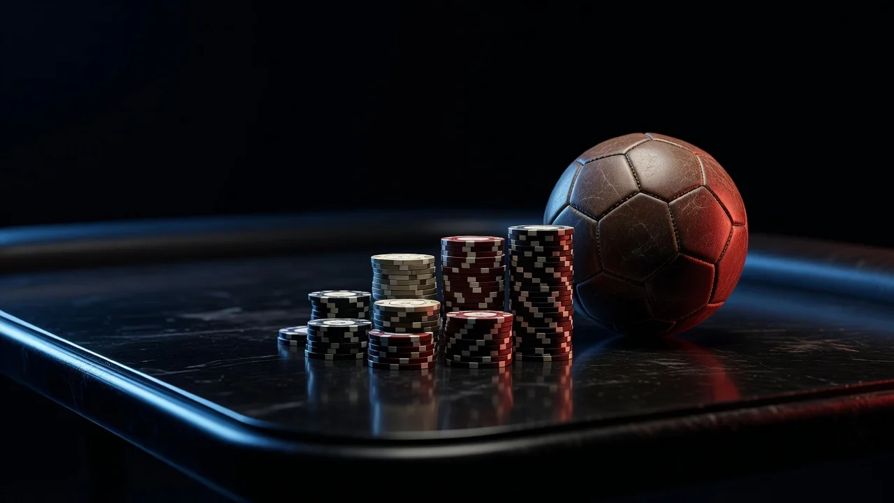 Fichas de cassino e bola de futebol em composição escura